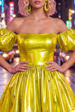 Off the Shoulder Blue A-Line Metallic Homecoming Dress with Puff Sleeves