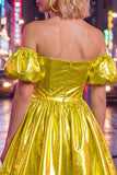Off the Shoulder Blue A-Line Metallic Homecoming Dress with Puff Sleeves