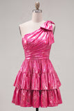 One Shoulder Fuchsia A-Line Metallic Tiered Ruched Homecoming Dress with Bow