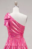 One Shoulder Fuchsia A-Line Metallic Tiered Ruched Homecoming Dress with Bow