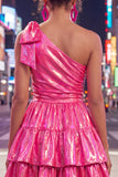 One Shoulder Fuchsia A-Line Metallic Tiered Ruched Homecoming Dress with Bow