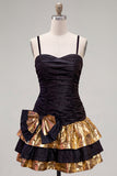 Black Golden A-Line Tiered Spaghetti Straps Homecoming Dress with Bow