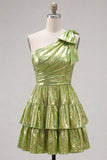 One Shoulder Fuchsia A-Line Metallic Tiered Ruched Homecoming Dress with Bow