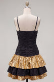 Black Golden A-Line Tiered Spaghetti Straps Homecoming Dress with Bow