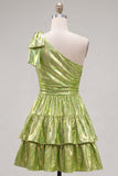 One Shoulder Fuchsia A-Line Metallic Tiered Ruched Homecoming Dress with Bow