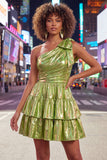 One Shoulder Fuchsia A-Line Metallic Tiered Ruched Homecoming Dress with Bow