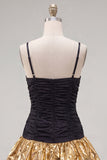 Black Golden A-Line Tiered Spaghetti Straps Homecoming Dress with Bow