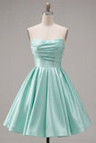 Mint A-Line Strapless Satin Ruched Homecoming Dress