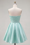 Mint A-Line Strapless Satin Ruched Homecoming Dress