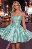 Mint A-Line Strapless Satin Ruched Homecoming Dress