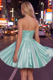 Mint A-Line Strapless Satin Ruched Homecoming Dress