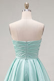 Mint A-Line Strapless Satin Ruched Homecoming Dress
