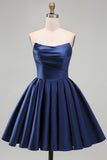 Navy A-Line Strapless Satin Ruched Short Homecoming Dress with Ruffles