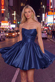 Navy A-Line Strapless Satin Ruched Short Homecoming Dress with Ruffles