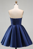 Navy A-Line Strapless Satin Ruched Short Homecoming Dress with Ruffles