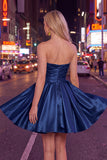 Navy A-Line Strapless Satin Ruched Short Homecoming Dress with Ruffles