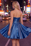 Mint A-Line Strapless Satin Ruched Homecoming Dress