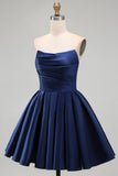 Navy A-Line Strapless Satin Ruched Short Homecoming Dress with Ruffles