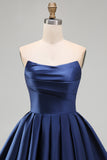 Navy A-Line Strapless Satin Ruched Short Homecoming Dress with Ruffles