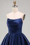 Navy A-Line Strapless Satin Ruched Short Homecoming Dress with Ruffles