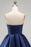 Navy A-Line Strapless Satin Ruched Short Homecoming Dress with Ruffles
