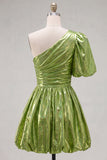 Green A-Line One Shoulder Ruched Metallic Homecoming Dress