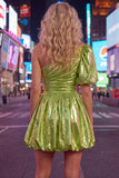 Green A-Line One Shoulder Ruched Metallic Homecoming Dress