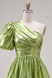 Green A-Line One Shoulder Ruched Metallic Homecoming Dress