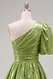 Green A-Line One Shoulder Ruched Metallic Homecoming Dress