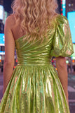 Green A-Line One Shoulder Ruched Metallic Homecoming Dress