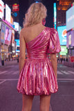 Green A-Line One Shoulder Ruched Metallic Homecoming Dress