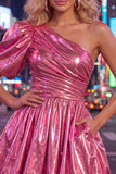 Green A-Line One Shoulder Ruched Metallic Homecoming Dress