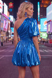 Green A-Line One Shoulder Ruched Metallic Homecoming Dress