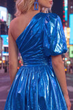 Green A-Line One Shoulder Ruched Metallic Homecoming Dress
