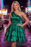 Pink A-Line One Shoulder Tiered Ruched Chiffon Homecoming Dress with Beading