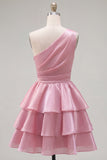 Pink A-Line One Shoulder Tiered Ruched Chiffon Homecoming Dress with Beading