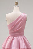 Pink A-Line One Shoulder Tiered Ruched Chiffon Homecoming Dress with Beading