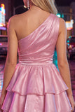 Pink A-Line One Shoulder Tiered Ruched Chiffon Homecoming Dress with Beading