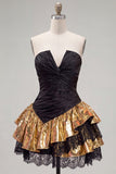 Black Golden A-Line Tiered Strapless Ruffle Short Homecoming Dress with Lace Up Back