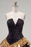 Black Golden A-Line Tiered Strapless Ruffle Short Homecoming Dress with Lace Up Back