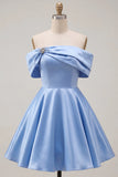 Blue A-Line Off the Shoulder Ruched Satin Homecoming Dress with Beading