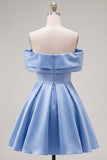 Blue A-Line Off the Shoulder Ruched Satin Homecoming Dress with Beading