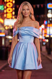 Blue A-Line Off the Shoulder Ruched Satin Homecoming Dress with Beading