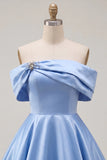 Blue A-Line Off the Shoulder Ruched Satin Homecoming Dress with Beading