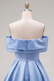 Blue A-Line Off the Shoulder Ruched Satin Homecoming Dress with Beading