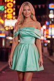 Blue A-Line Off the Shoulder Ruched Satin Homecoming Dress with Beading