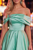 Blue A-Line Off the Shoulder Ruched Satin Homecoming Dress with Beading