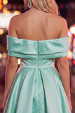 Blue A-Line Off the Shoulder Ruched Satin Homecoming Dress with Beading