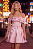 Blue A-Line Off the Shoulder Ruched Satin Homecoming Dress with Beading
