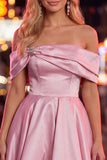 Blue A-Line Off the Shoulder Ruched Satin Homecoming Dress with Beading